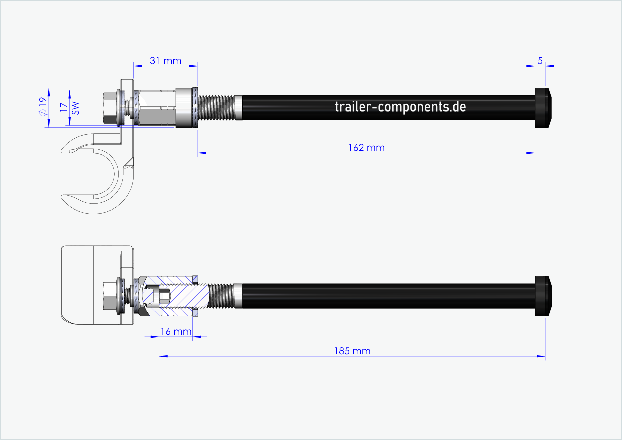 Steckachse mit Adapter Universal für TOUT TERRAIN | für linkseitiges Gewinde M12 x 1.50 - passend für Thule, Qeridoo, Burley, Prophete, Hamax, Trixie u.v.a.