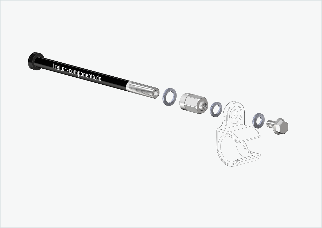 Steckachse mit Adapter Universal für ORBEA | für linkseitiges Gewinde M12 x 1.50 - passend für Thule, Qeridoo, Burley, Prophete, Hamax, Trixie u.v.a.