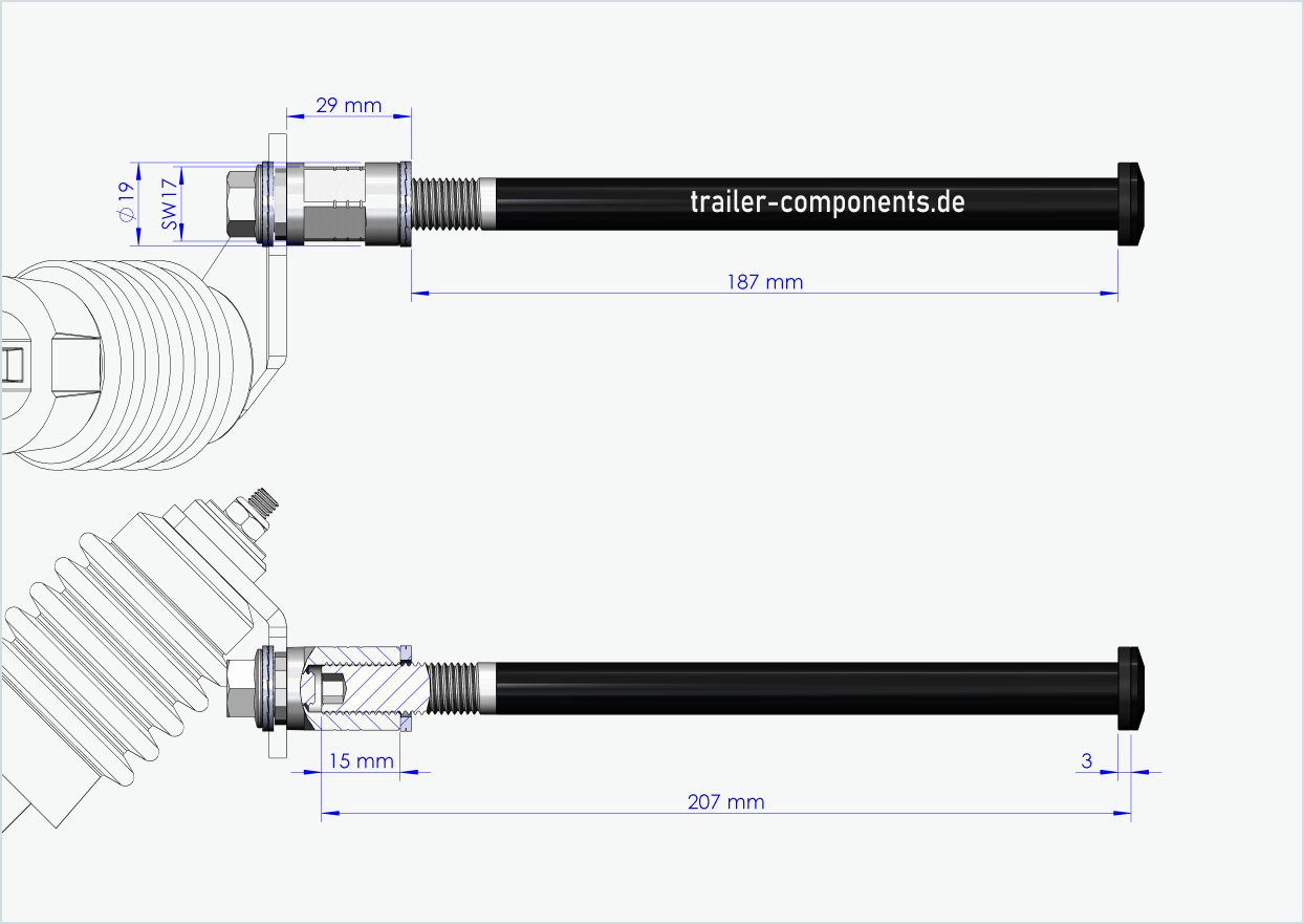 Steckachse mit Adapter Weber für ORBEA | für linkseitiges Gewinde M12 x 1.50 - passend für Weber-Kupplungen Typ: E - EL - ES