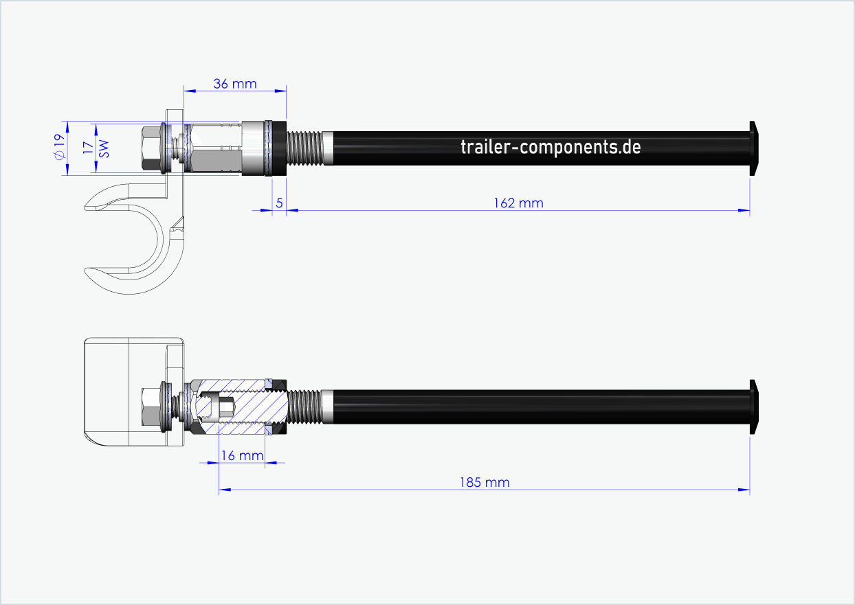 Steckachse mit Adapter Universal für TOUT TERRAIN | für linkseitiges Gewinde M12 x 1.50 - passend für Thule, Qeridoo, Burley, Prophete, Hamax, Trixie u.v.a.