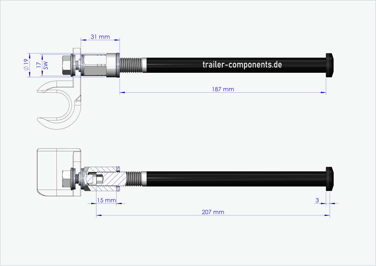 Steckachse mit Adapter Universal für ORBEA | für linkseitiges Gewinde M12 x 1.50 - passend für Thule, Qeridoo, Burley, Prophete, Hamax, Trixie u.v.a.