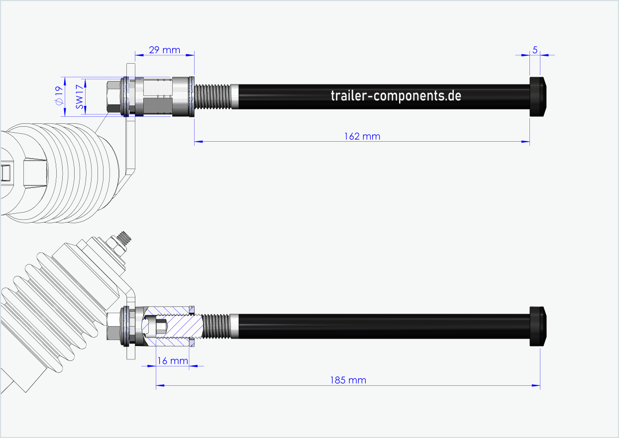 Steckachse mit Adapter Weber für TOUT TERRAIN | für linkseitiges Gewinde M12 x 1.50 - passend für Weber-Kupplungen Typ: E - EL - ES